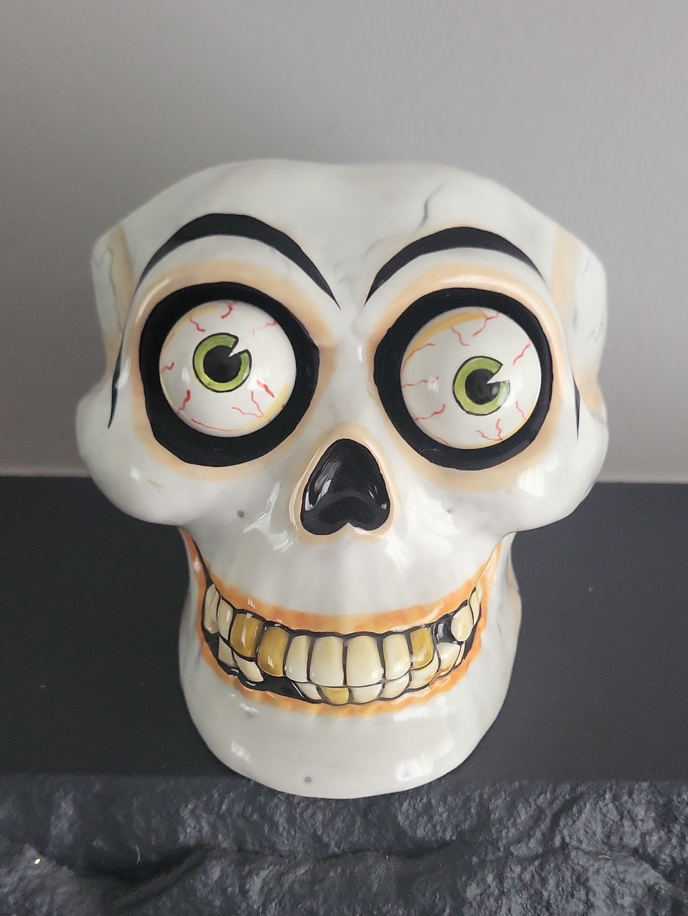 Vintage Department 56 Halloween Eye-Bobbing Skull Ceramic Figurine Circa 2002